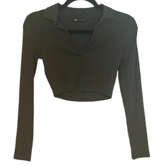 Women's Zara‎ Olive Green Collared Ribbed Crop Top Size Small - Picture 2 of 5